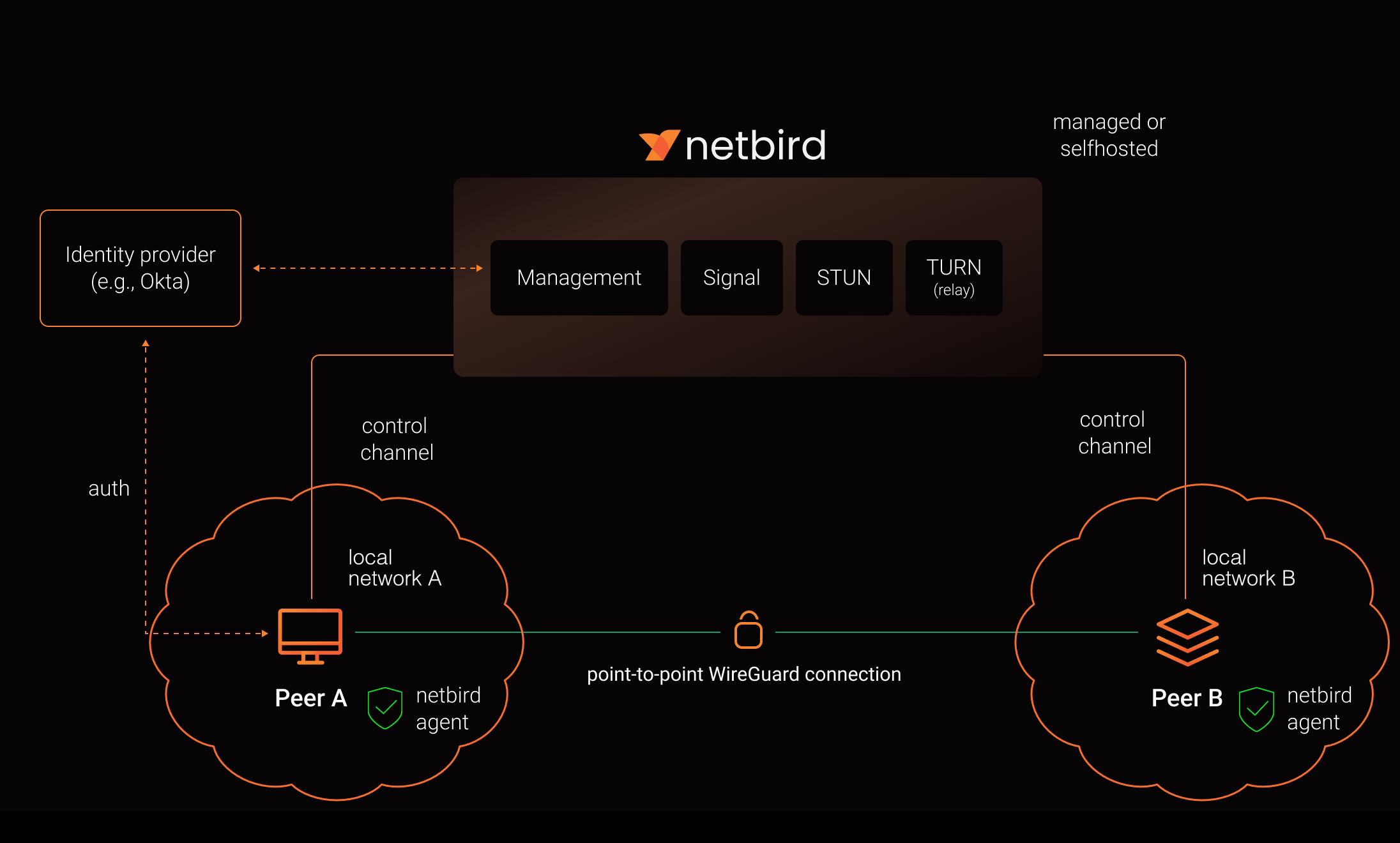 Two separate clients connected to the NetBird management server, courtesy of Christoph Berger