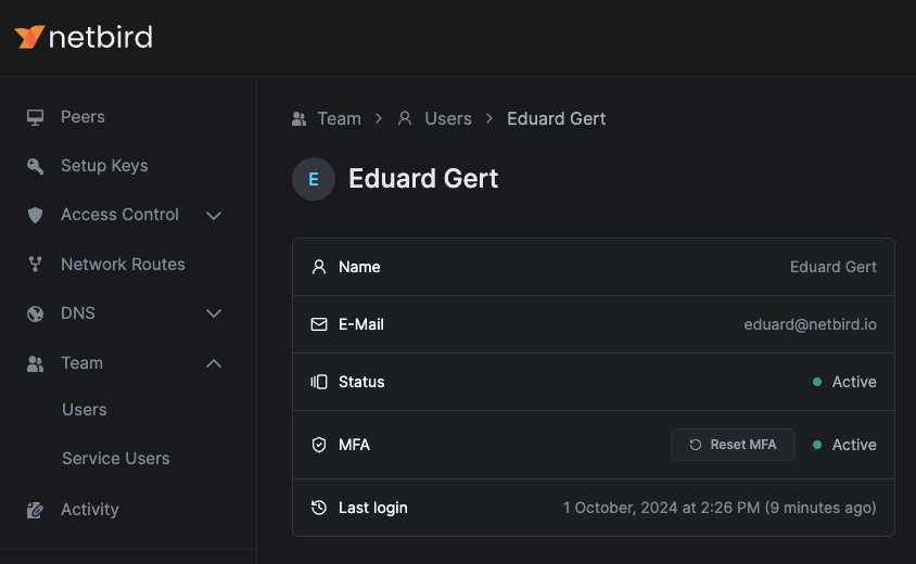 NetBird User MFA Status