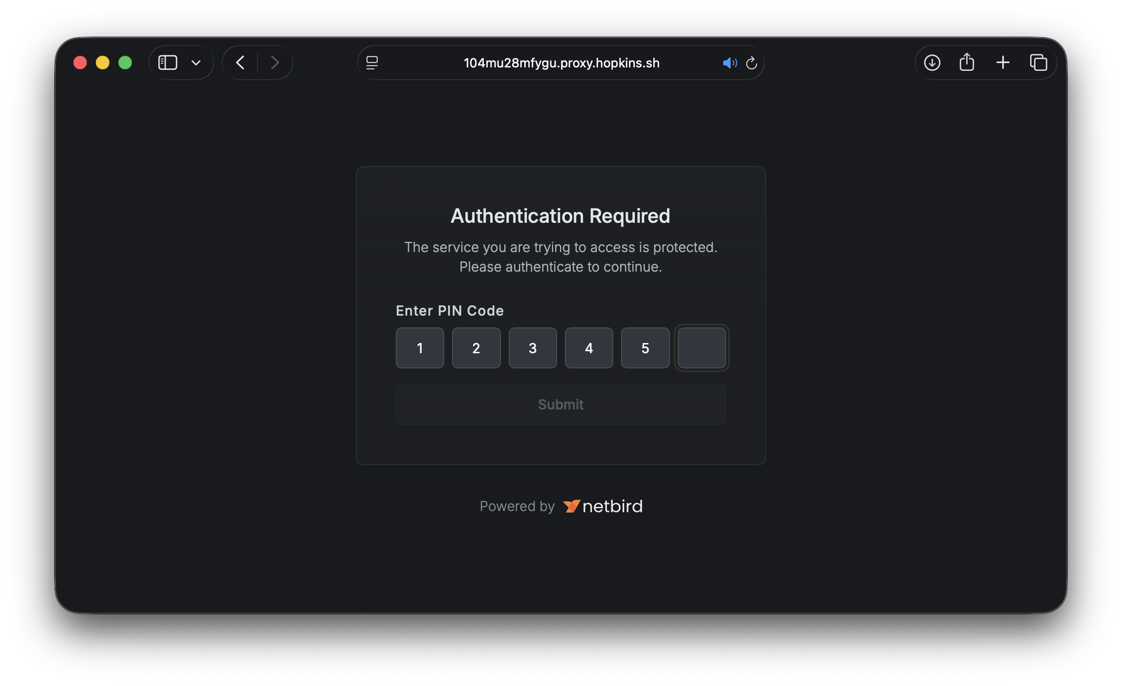 PIN entry page for exposed service