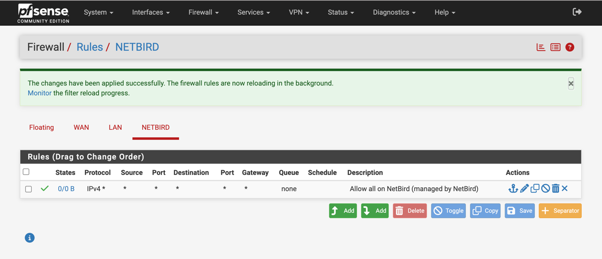 pfSense firewall rules configured for NetBird