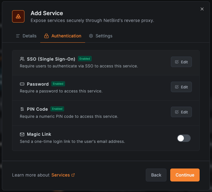 NetBird Reverse Proxy authentication options: SSO, Password, PIN Code, and Magic Link