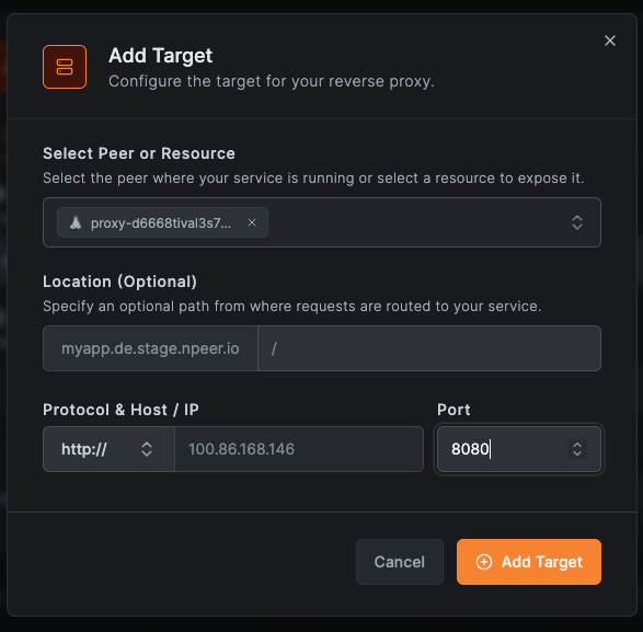 Adding a target to the reverse proxy service