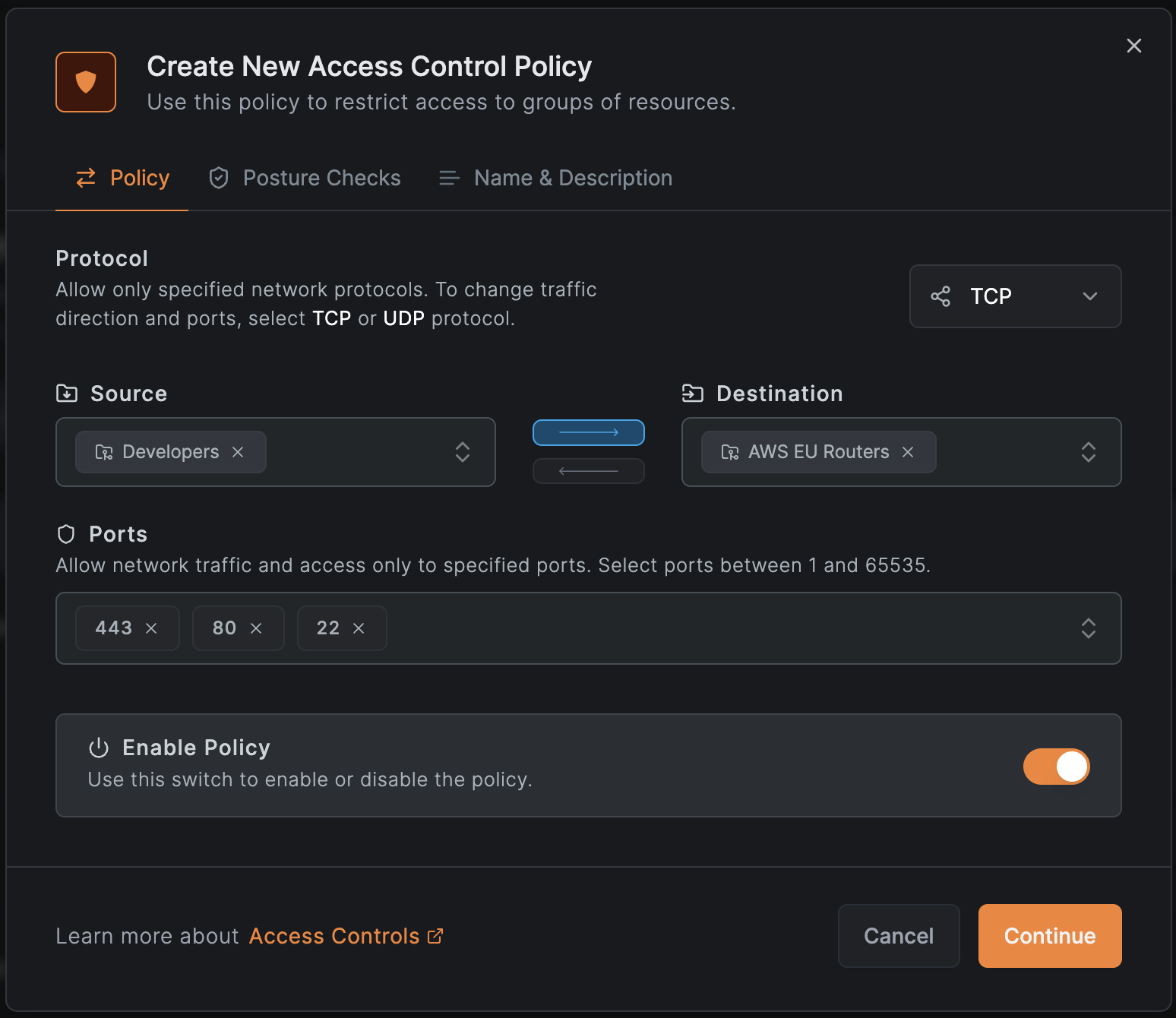 NetBird Network Routes Access Control Policy