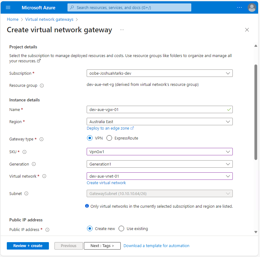 Virtual network gateway instance details