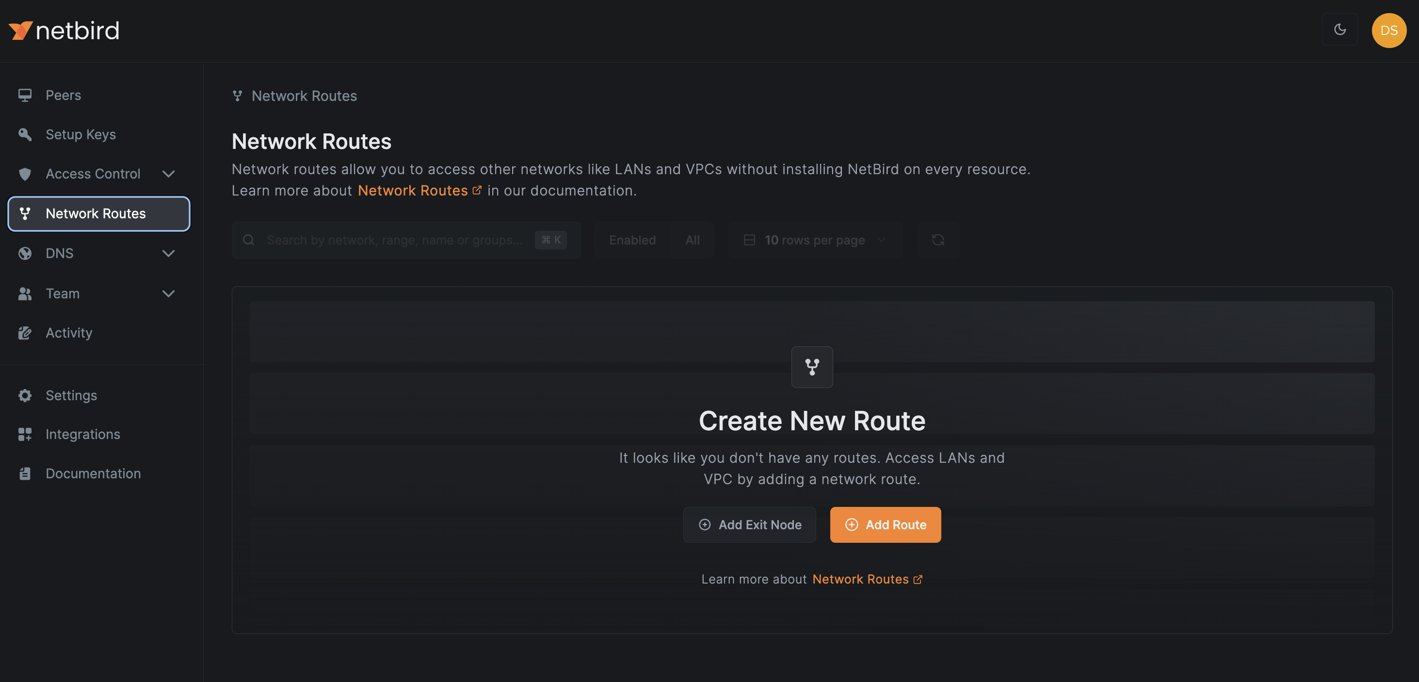 NetBird Network Routes screen