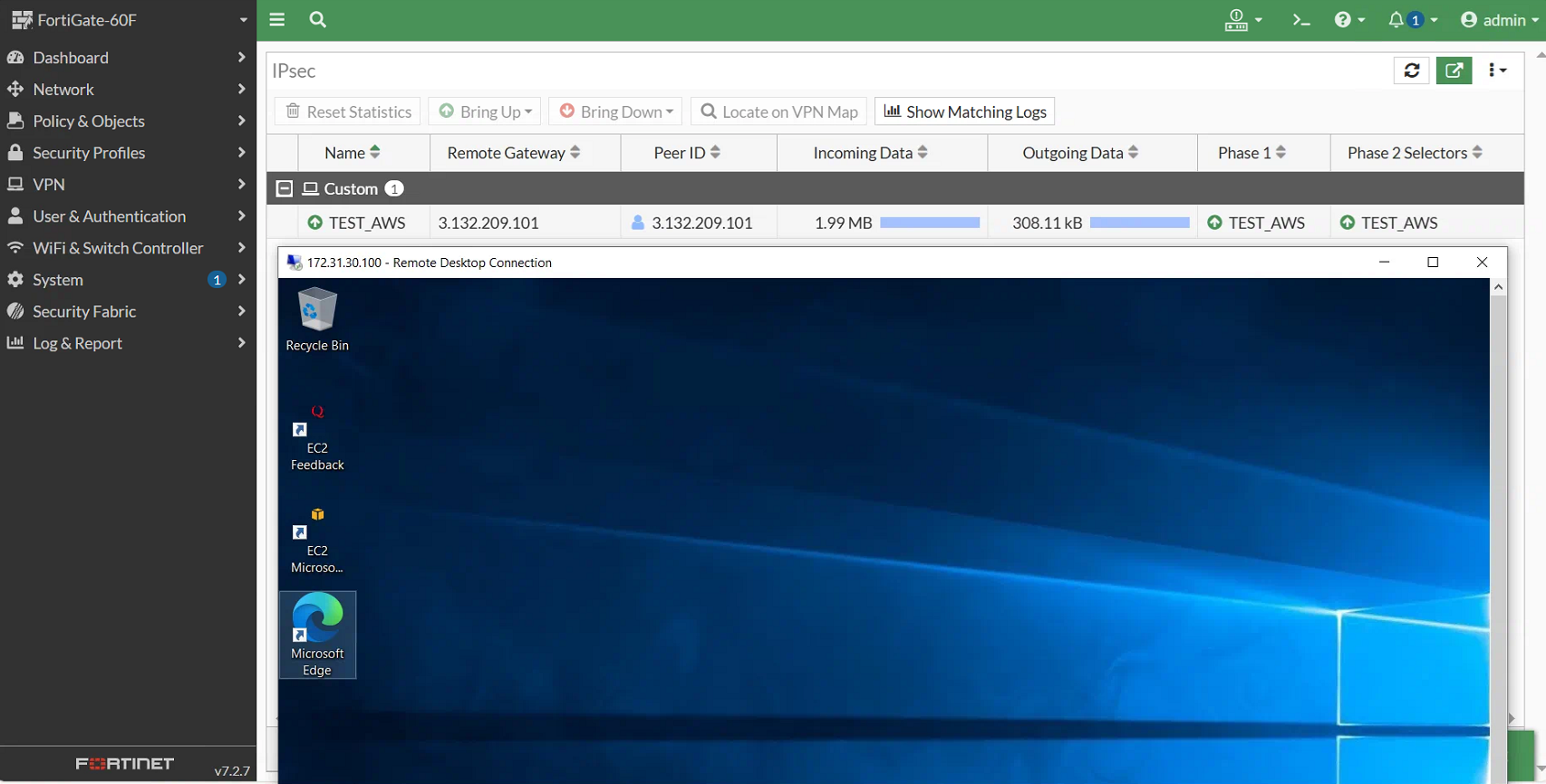 Connection from the device behind FortiGate 60F toward the AWS Windows Server VM