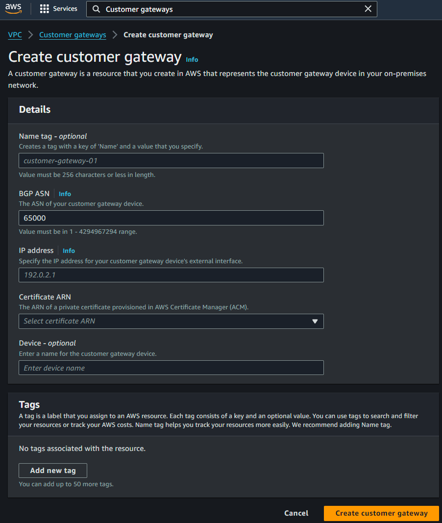 Details to create the customer gateway