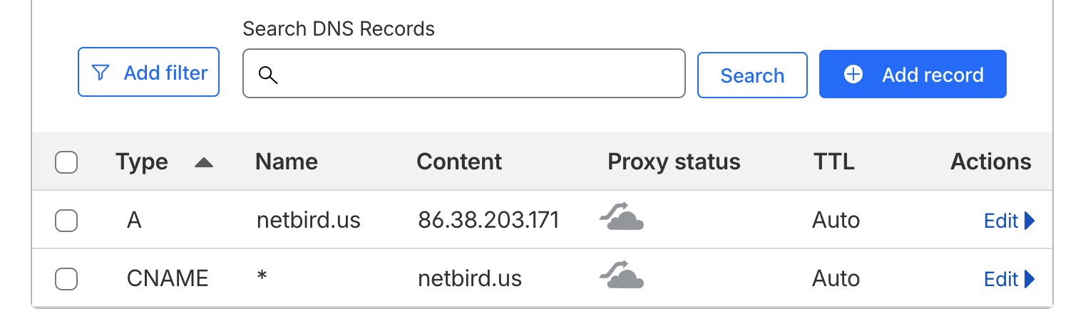 Cloudflare DNS records showing A and wildcard CNAME entries set to DNS only
