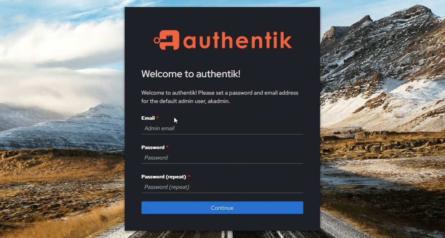Authentik first-run setup page to create the admin account