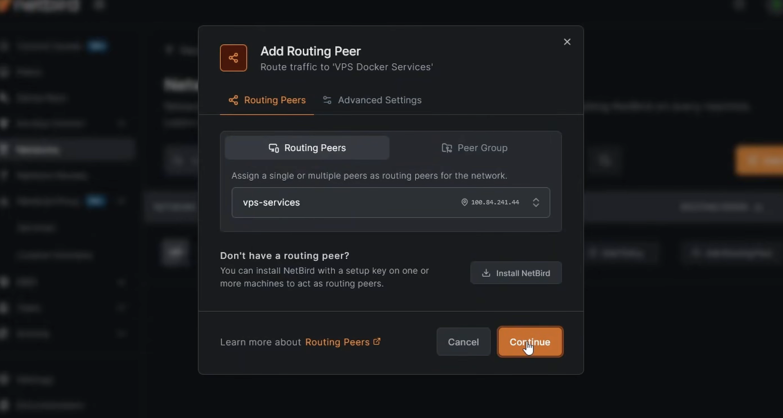 NetBird Networks page showing the VPS Services network with routing peer configured