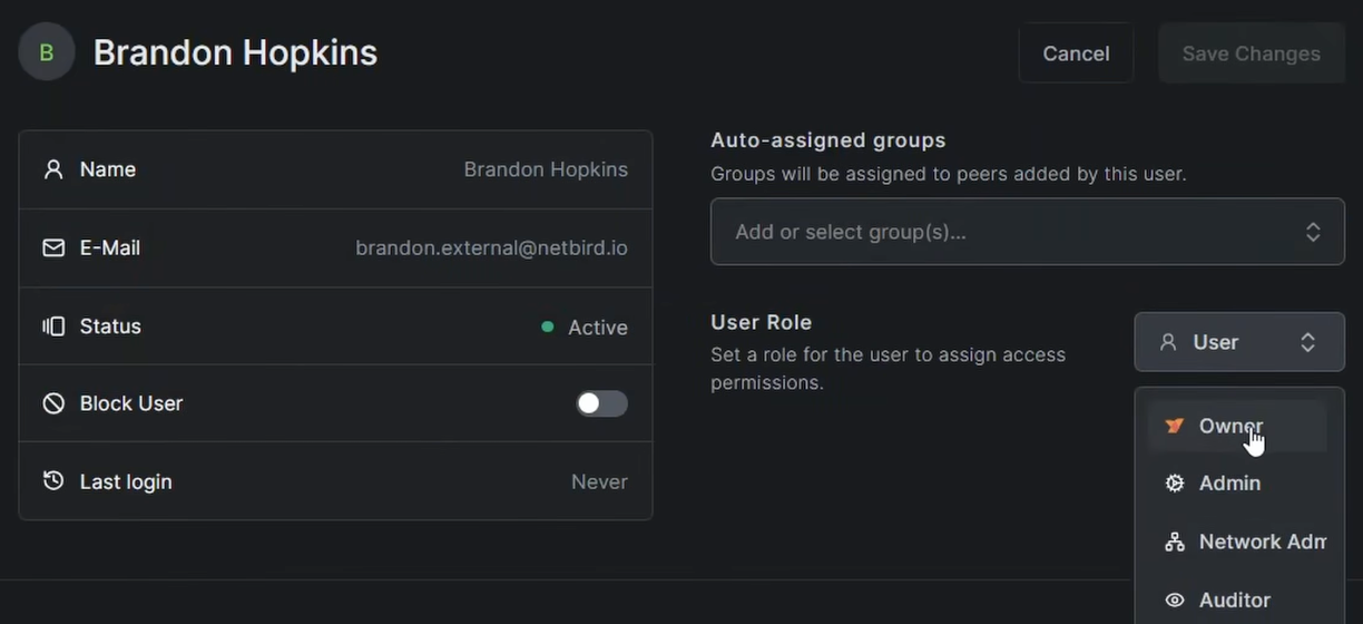 NetBird Users page after transferring ownership to the Authentik-managed user