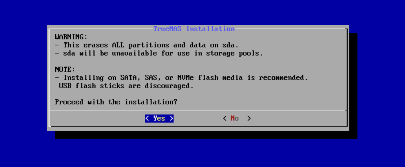 Warning that data will be deleted